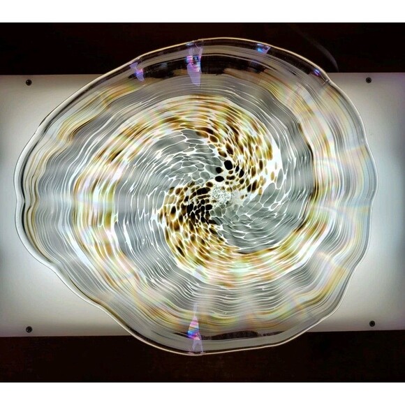 Handmade Blown Art Glass Bowl Ribbon Swirl Ripple Edge Brown Pearlescent Euc - Picture 10 of 10